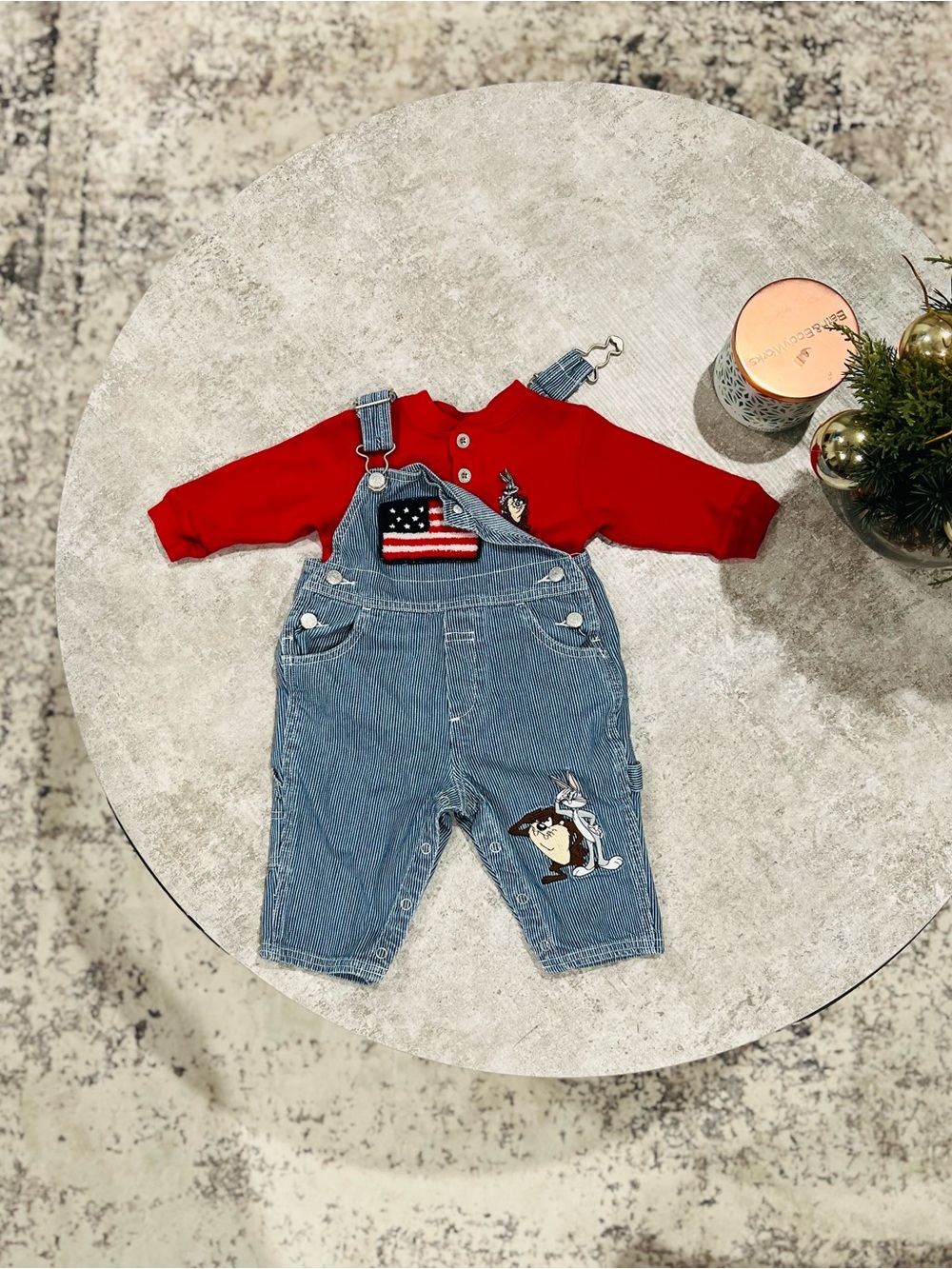 VTG 1998 Warner Bros Looney Tunes Bugz and Taz Striped Overalls Onesie Set 12MOS